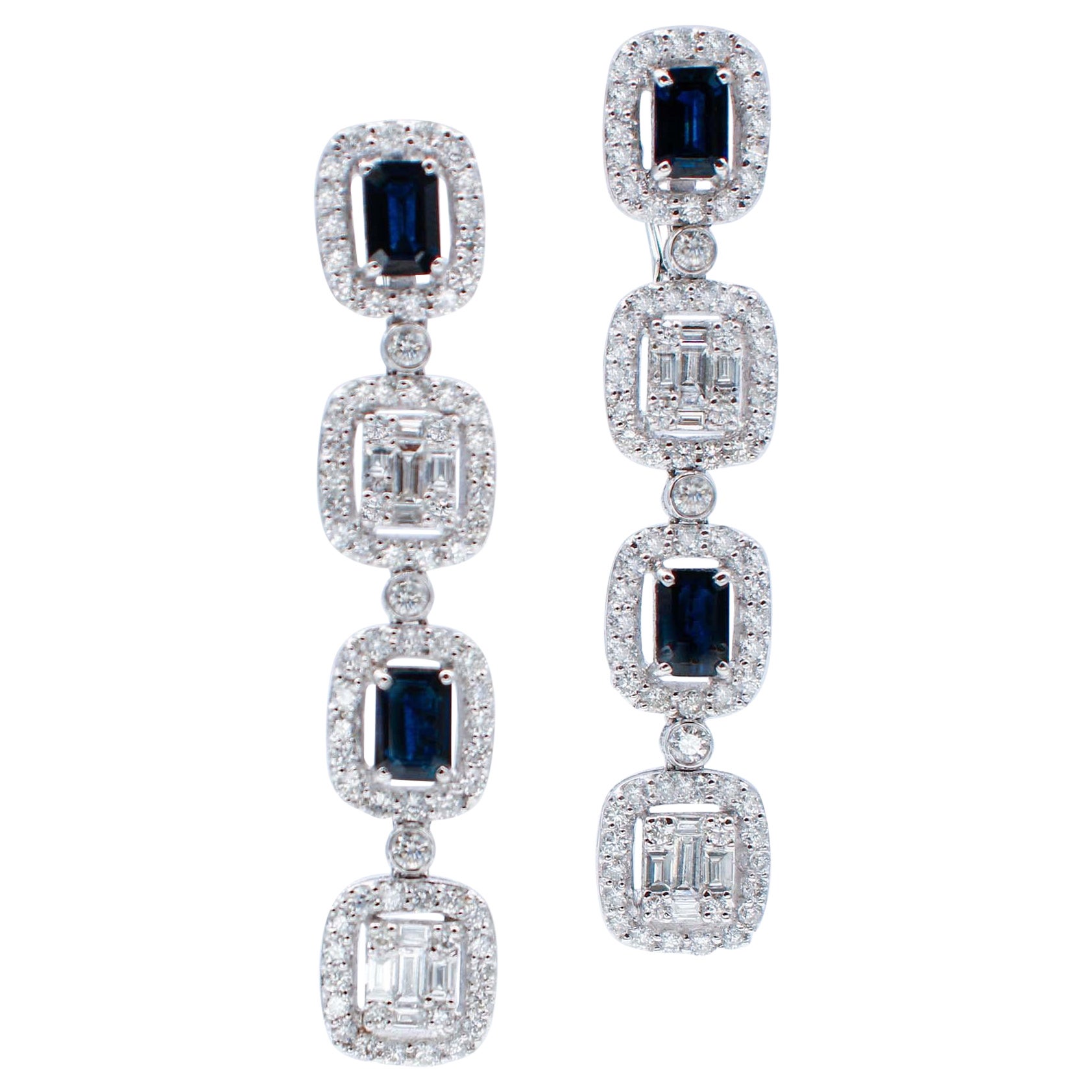 Blue Sapphires, Diamonds, 18 Karat White Gold Dangle Earrings