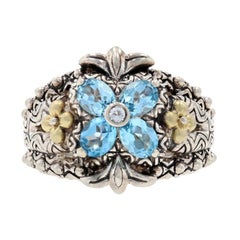 Vintage Barbara Bixby Blue Topaz Flower Ring Silver & Yellow Gold, 925 & 18k