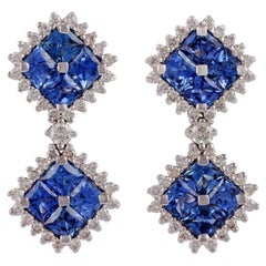 Blue Sapphire & Diamond Earrings Studded in 18K White Gold