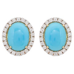 13.01 Carat Turquoise and Diamond 18kt Yellow Gold Stud Earrings