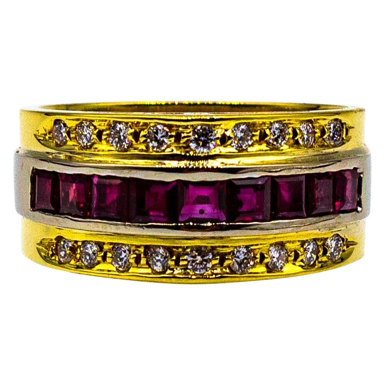 Art Deco Style 1.55 Carat White Diamond Carré Cut Ruby Yellow Gold Band Ring