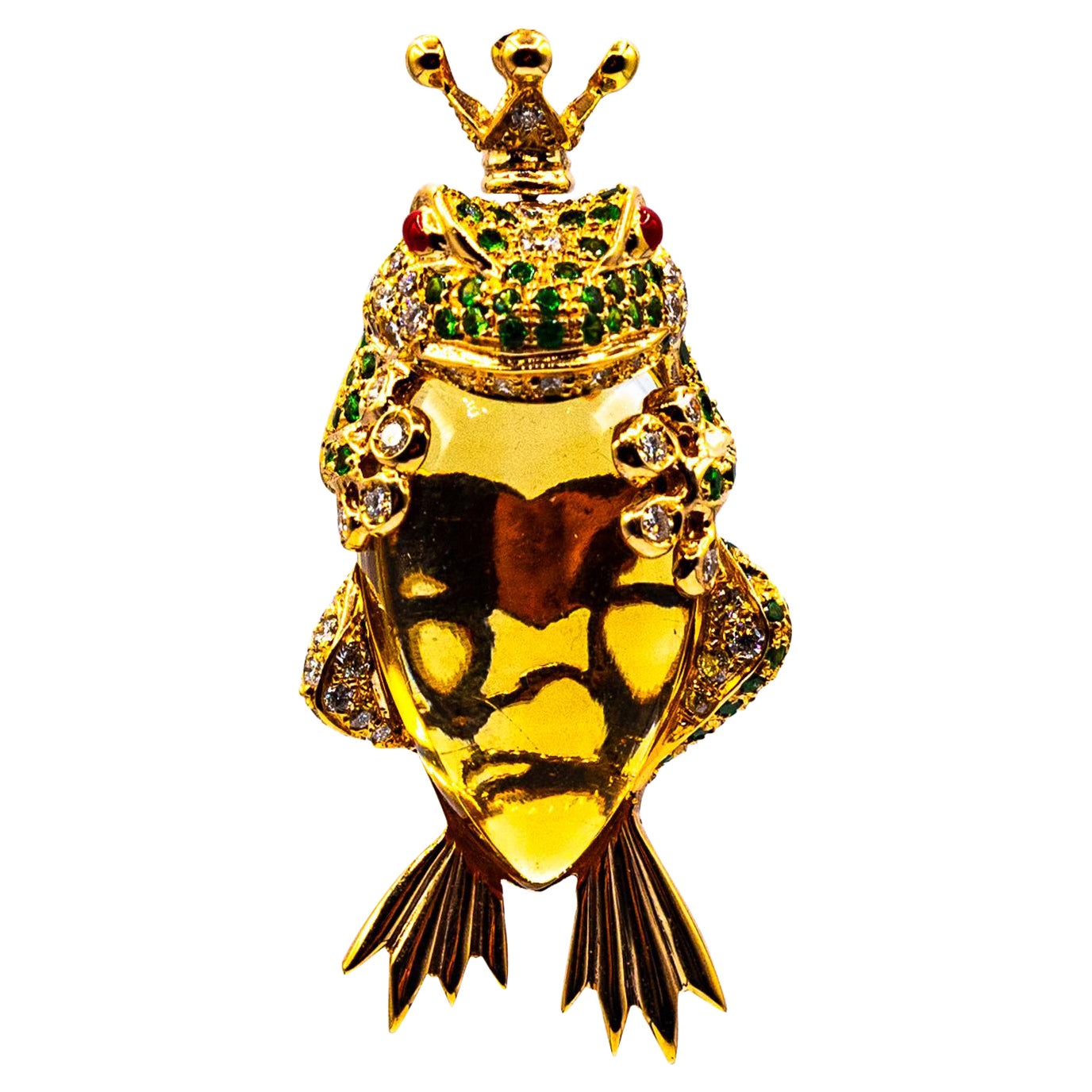 Art Nouveau Style White Diamond Tsavorite Citrine Yellow Gold "Frog" Pendant