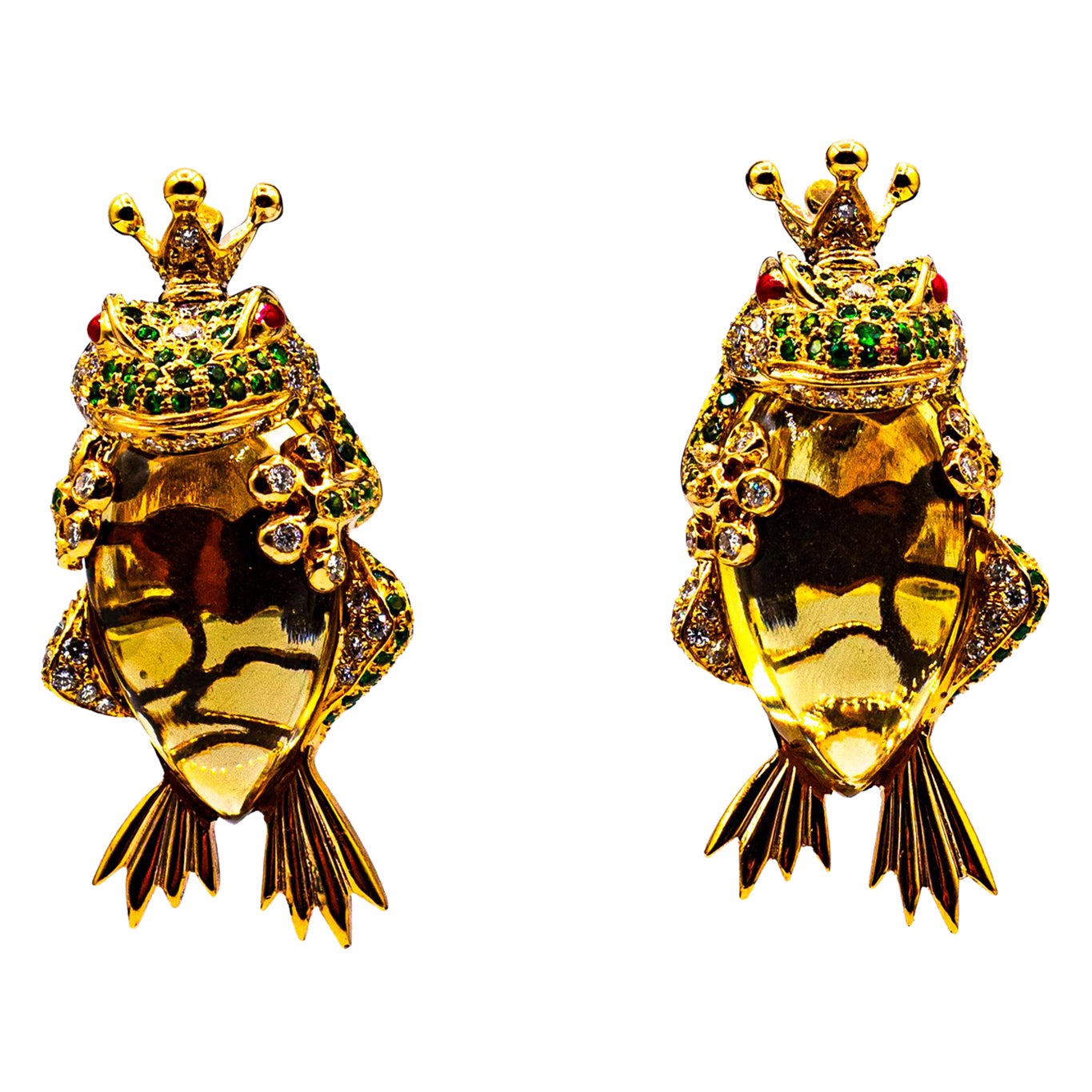 Art Nouveau White Diamond Tsavorite Citrine Yellow Gold Dangle "Frog" Earrings