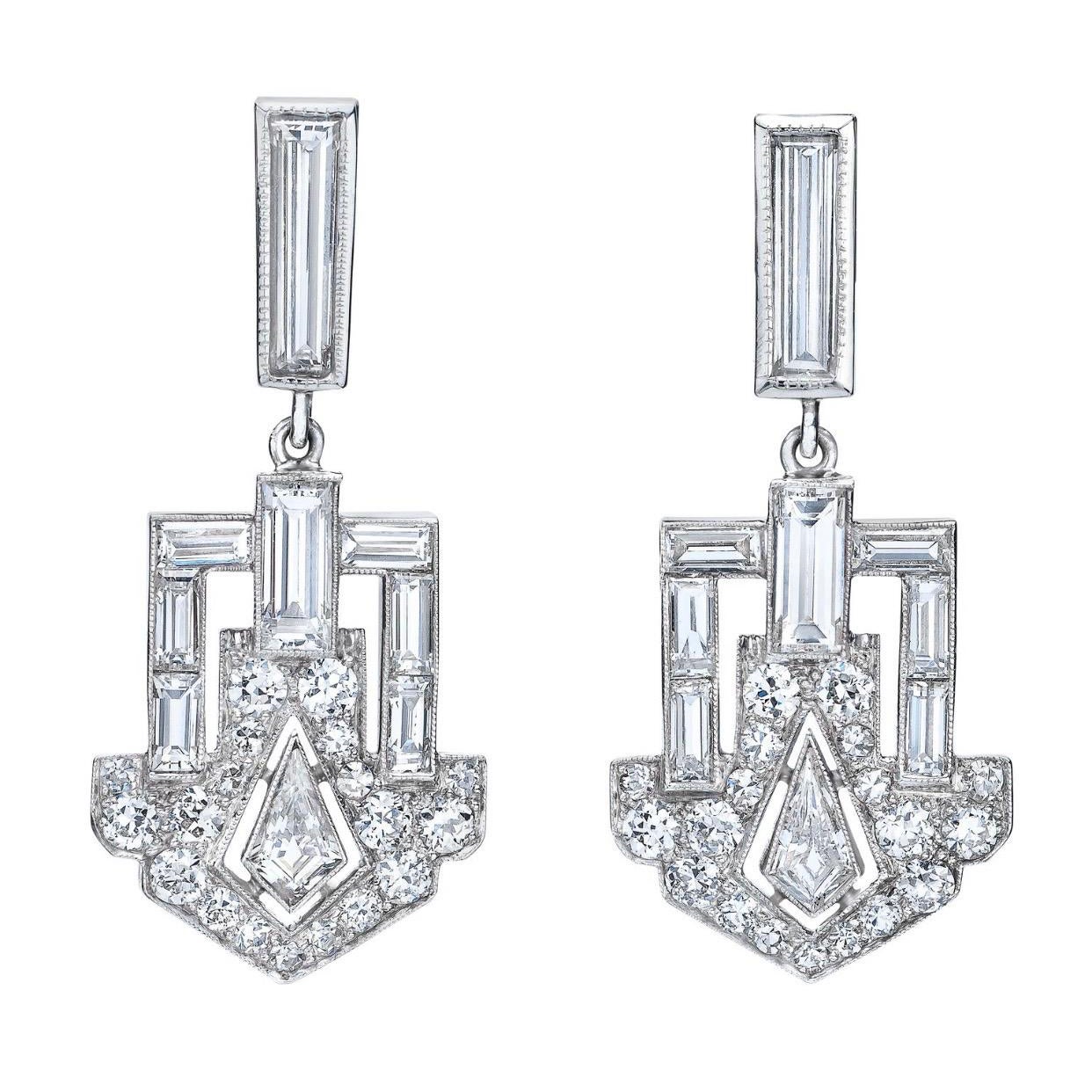 Mindi Mond Fine Diamond Baguette Dangling Art  Deco Style Platinum Earrings