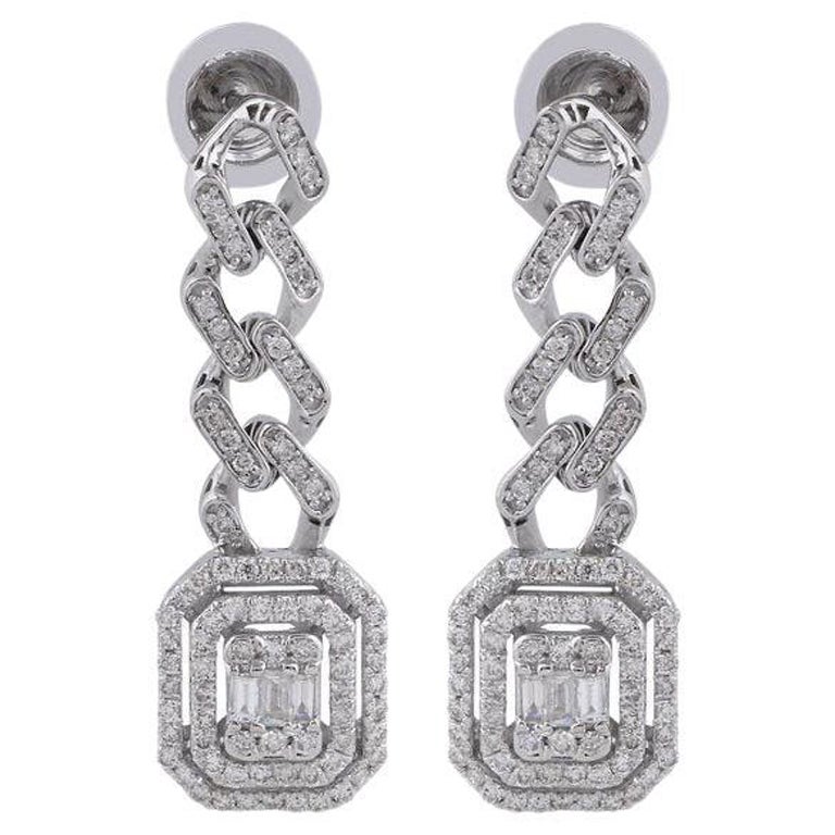 Diamond 14 Karat White Gold Chain Link Earrings For Sale