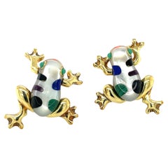 Asch Grossbardt 18KT YG Mother of Pearl Frog Earrings with Inlaid Stones