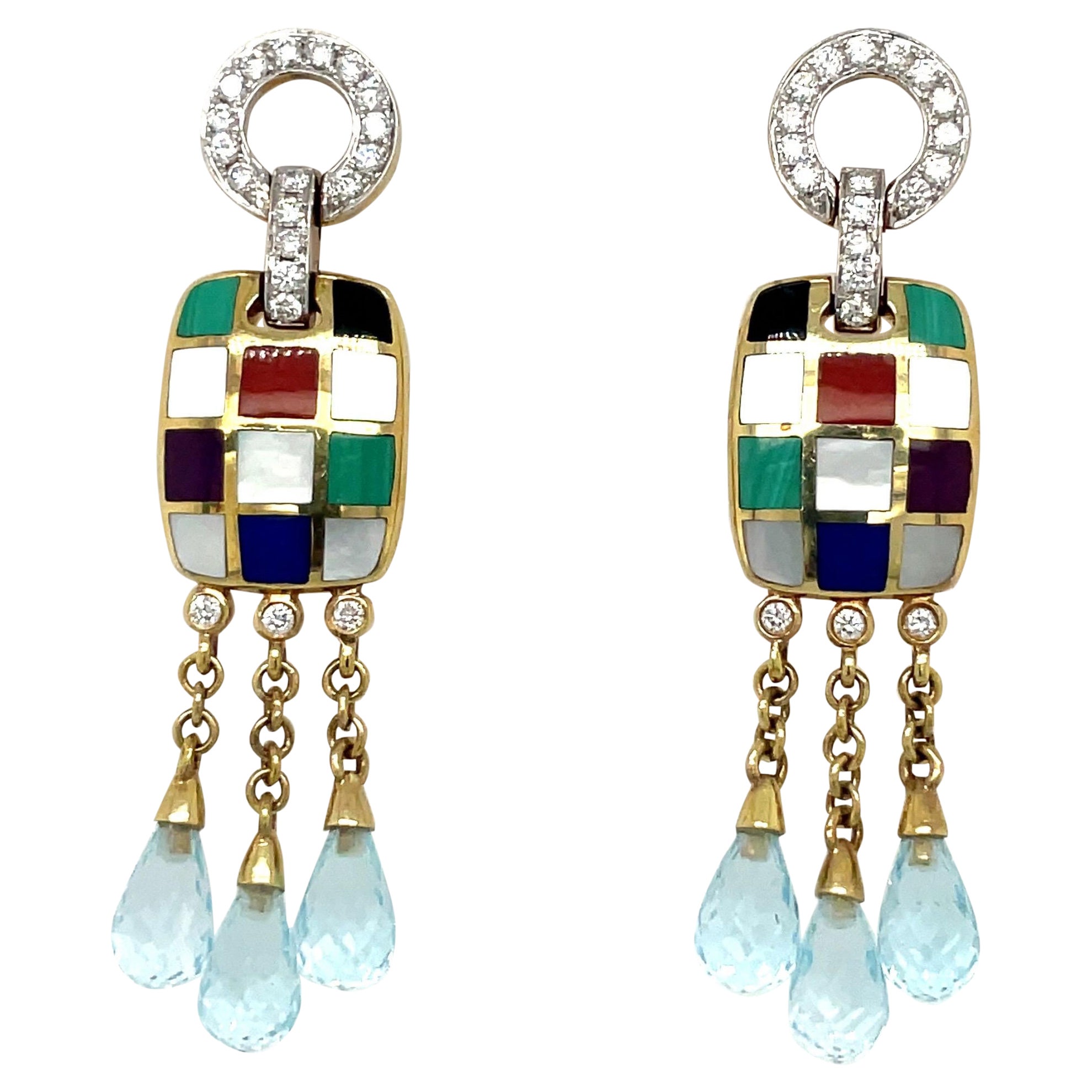 Asch Grossbardt 18KT YG .40 Ct Diamond & Inlaid Stone Hanging Earrings For Sale