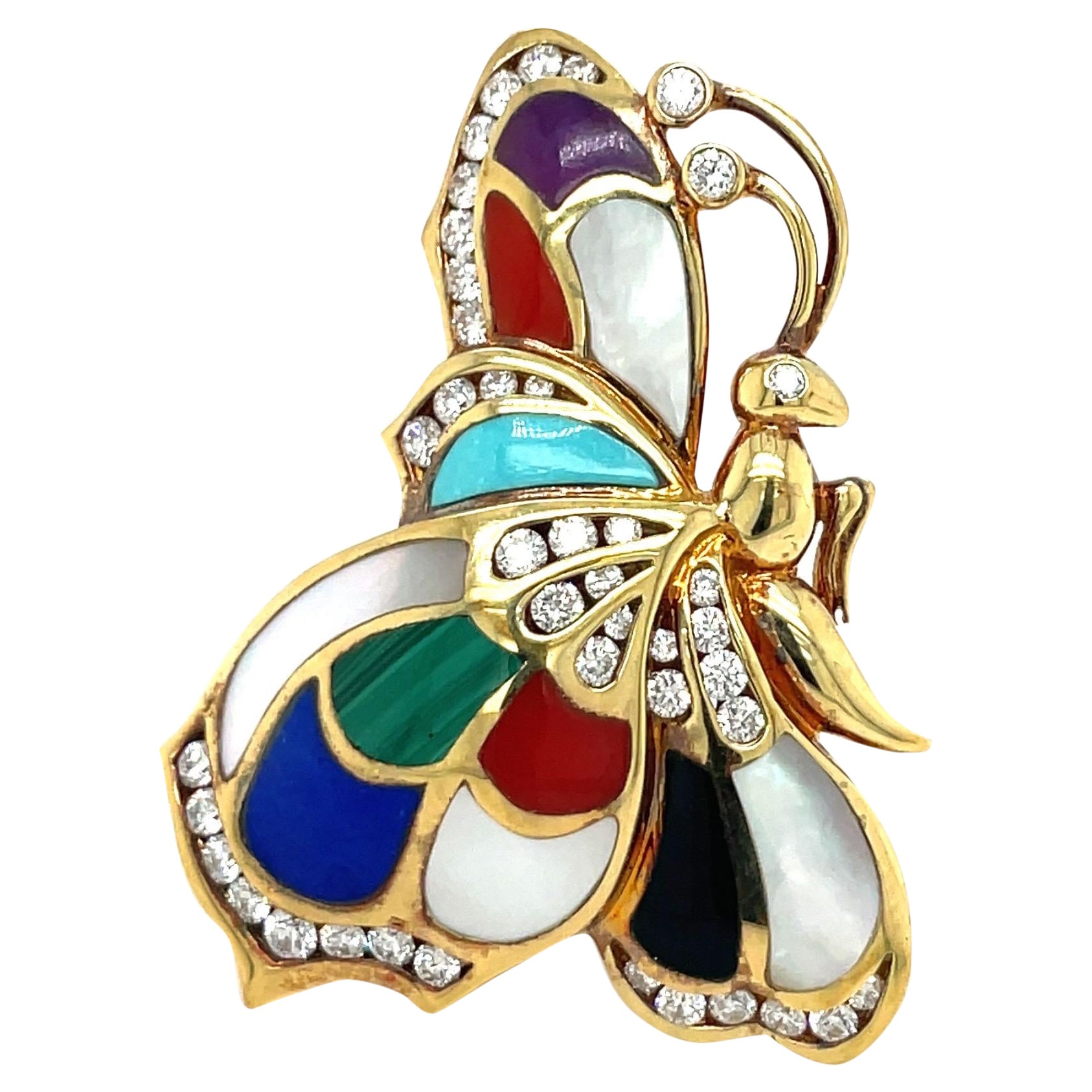 Asch Grossbardt 18KT YG Butterfly Brooch with 0.80Ct Diamonds & Inlaid Stones For Sale