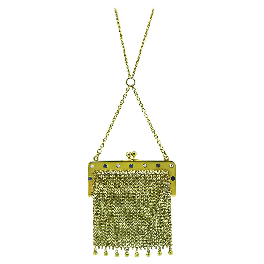 Diamond Sapphire Gold Mesh Purse Necklace For Sale