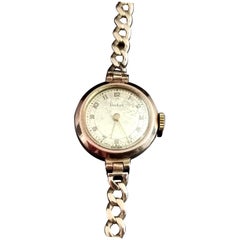 Vintage 9 Karat Gold Ladies Wristwatch, Curb Link Bracelet, 1950s