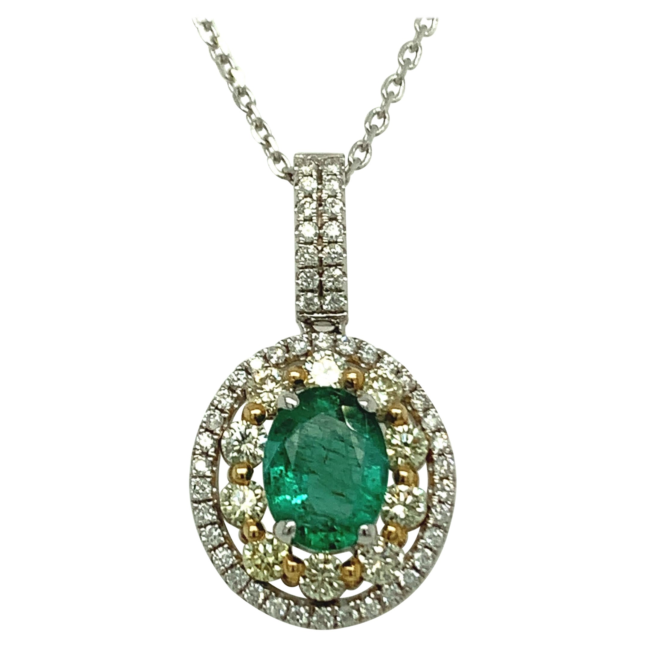1.24 Carat Emerald Pendant with Yellow and White Diamond Set in Two Tone Gold  For Sale