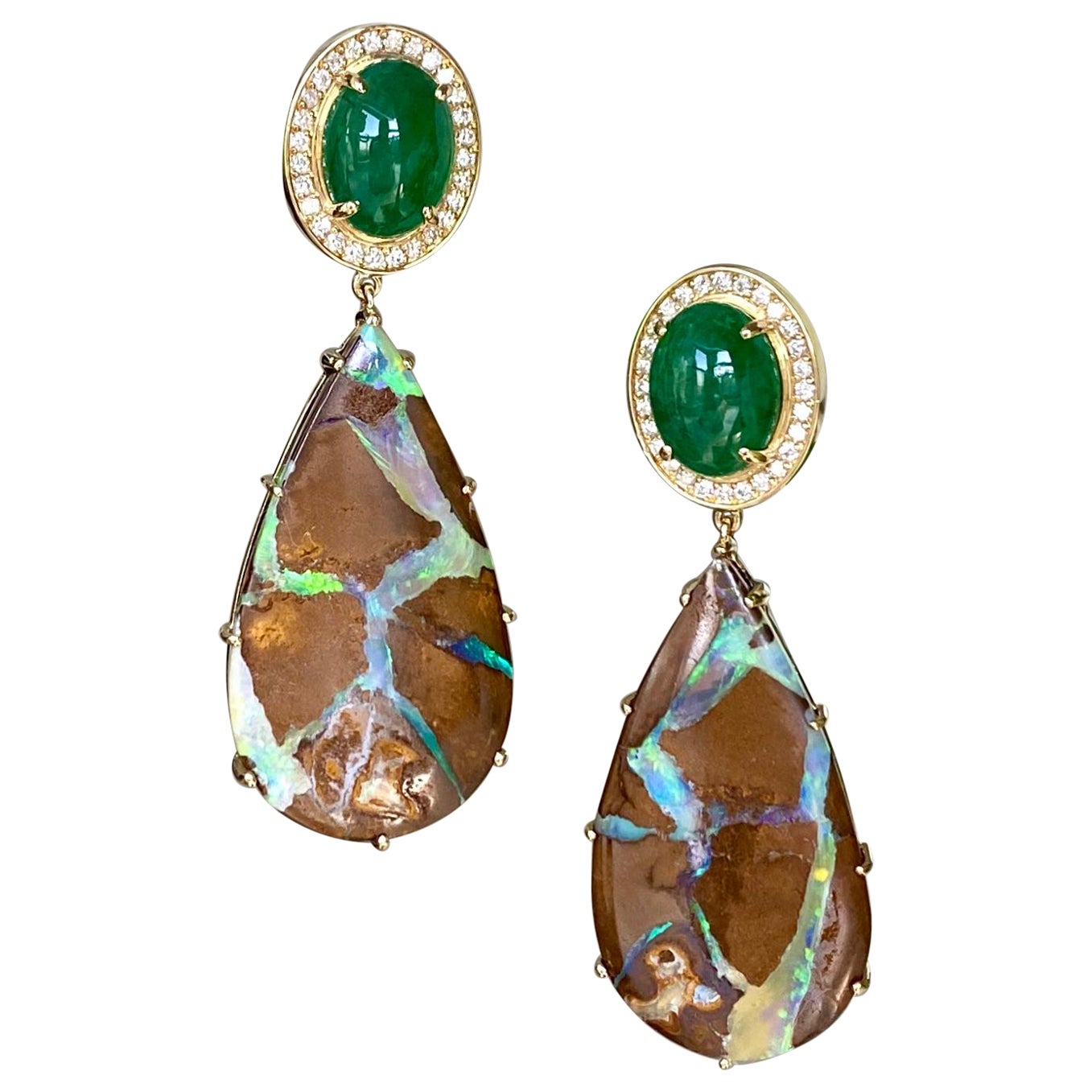 18 Karat Yellow Gold Cabochon Tsavorite Boulder Opal Diamond Drop Dangle Earring