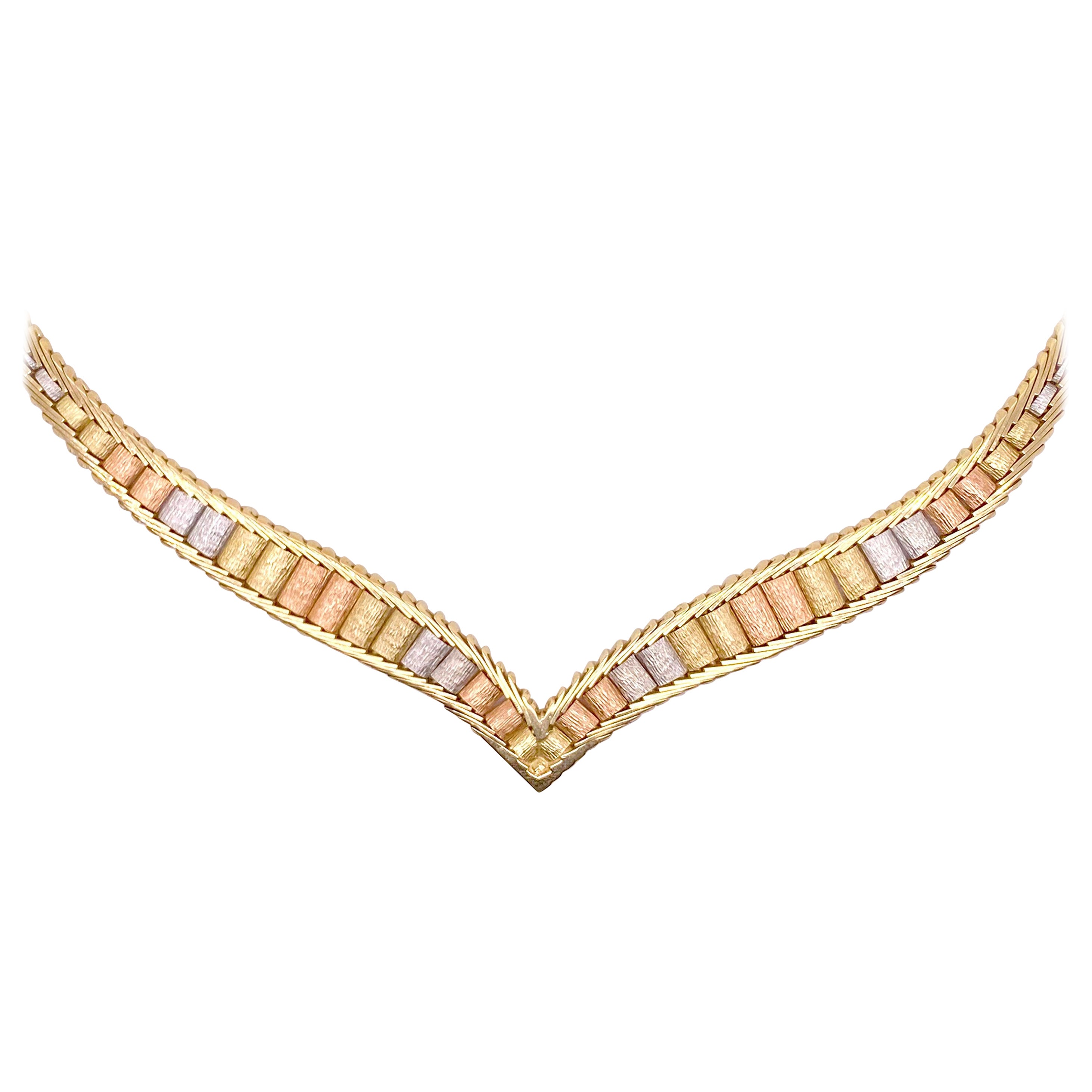 Tri Color Gold "V" Pointed Necklace, Yellow Gold Rose Gold White Gold Chain For Sale