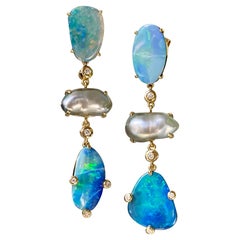18 Karat Yellow Gold Boulder Opal Keshi Pearl Diamond Drop Dangle Earrings