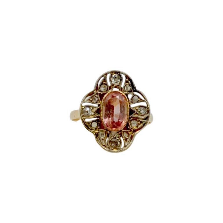 Padparadschah Oval Sapphire Approximately 1.10 Carat, Diamond & 14 Karat Ring For Sale