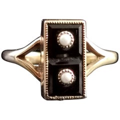 Vintage Onyx Domino Ring, 14k Yellow Gold, Seed Pearl