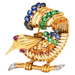 Mauboussin Paris 1950's Sapphire Emerald Ruby Diamond 18 Karat Gold Bird Brooch