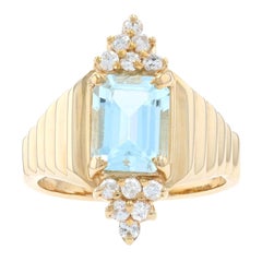 Yellow Gold Blue Topaz & Diamond Ring, 14k Emerald Cut 3.00ctw