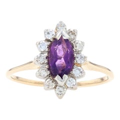Yellow Gold Amethyst & Diamond Halo Ring, 14k Marquise .83ctw Engagement