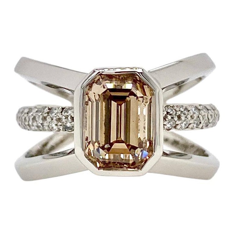 2.02ct Champagne Emerald Cut Diamond and White Diamond Pave Set Platinum Ring For Sale