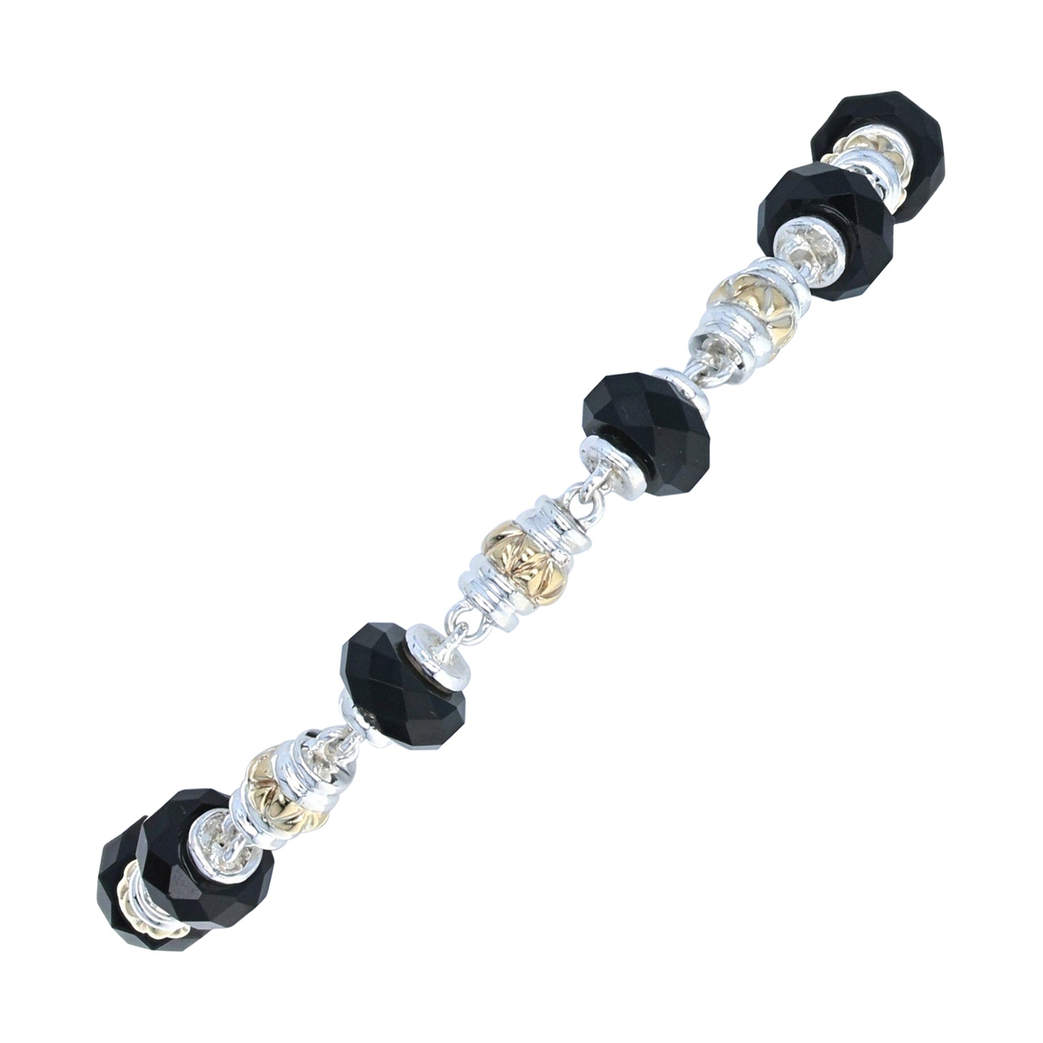 Sterling Silver & Yellow Gold Onyx Link Bracelet, 925 & 14k Rondelles