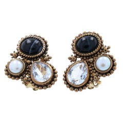 Antique Stephen Dweck Banded Agate, Pearl, & Quartz Large Stud Earrings Brass Clip-Ons