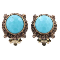Antique Stephen Dweck Amazonite Stud Flower Earrings Brass, Honeycomb Cabochon Clip-Ons