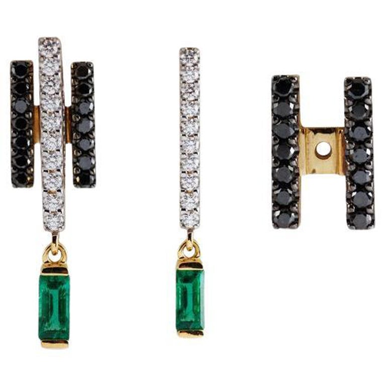 Emerald, Diamond and Black Diamond Earrings in 18 Karat Gold by Kavant & Sharart For Sale