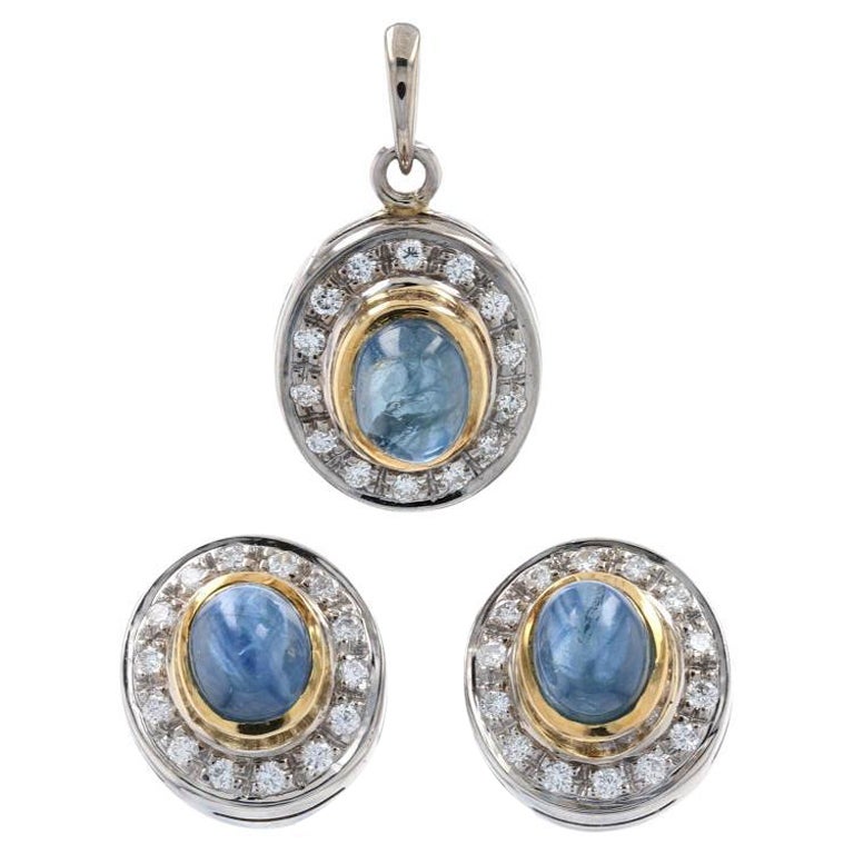 White Gold Sapphire & Diamond Halo Earrings & Pendant Set, 18k Cabochon 2.37ctw