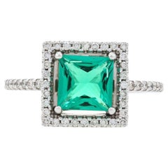 White Gold Synthetic Emerald & Diamond Halo Ring, 14k Square 1.51ctw Engagement