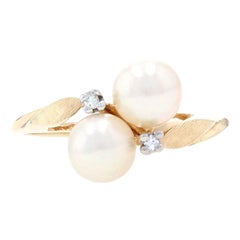 Yellow Gold Cultured Pearl & Diamond Bypass Ring, 14k Leaf Design