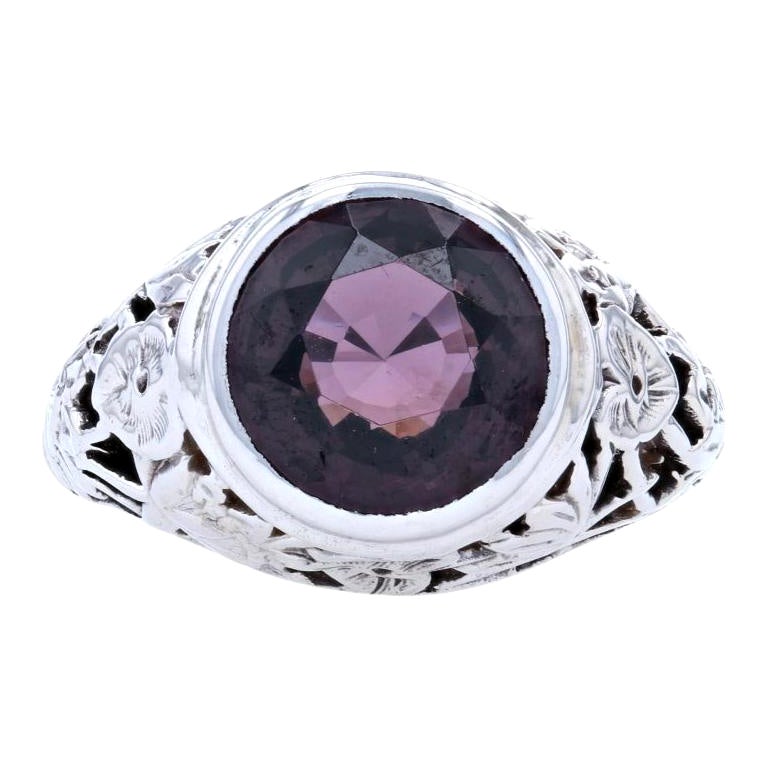 Purple Spinel Cocktail Ring, 14k White Gold Womens Water Lilies Filigree 4.66ct For Sale