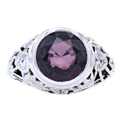 Vintage Purple Spinel Cocktail Ring, 14k White Gold Womens Water Lilies Filigree 4.66ct