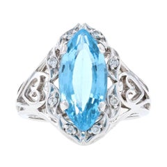 Antique White Gold Blue Topaz & Diamond Halo Ring 14k Fantasy Marquise Brilliant 3.86ctw