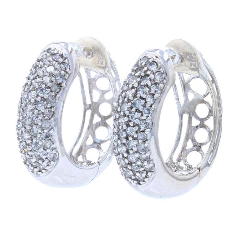 White Gold Diamond Cluster Pave Hoop Earrings, 14k Single Cut 1.00ctw Pierced For Sale