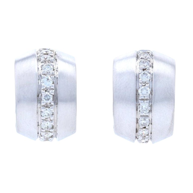 White Gold Diamond Huggie Half-Hoop Earrings, 14k Round Brilliant .60ctw Pierced For Sale