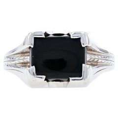 White Gold Art Deco Black Onyx Men's Ring, 10k Retro Solitaire