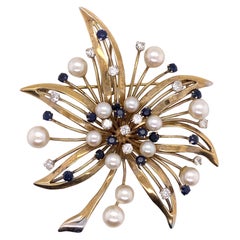 Diamond Blue Sapphire Pearl 14 Karat Yellow Gold Spray Pin Pendant Brooch