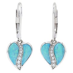 Retro Kabana Opal & Diamond Heart Leaf Dangle Earrings White Gold, 14k Round .15ctw