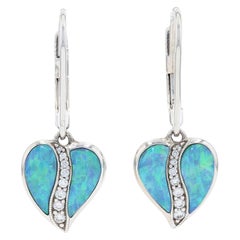 Kabana Opal & Diamond Heart Leaf Dangle Earrings White, 14k Round Cut .15ctw