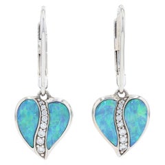 Antique Kabana Opal & Diamond Heart Leaf Dangle Earrings White, 14k Round Cut .15ctw