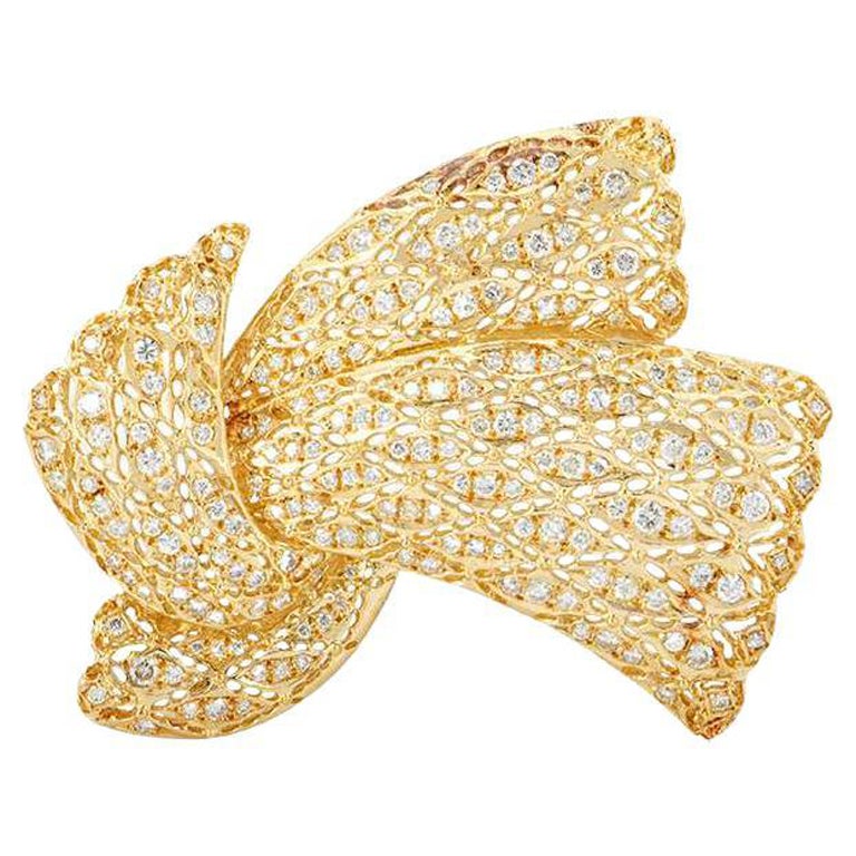 Yellow Gold Diamond Bow Brooch For Sale