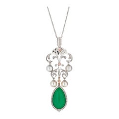 18k White Gold Chrysoprase, Australian Pearl and Argyle Pink Diamond Pendant