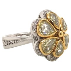 18k White and Yellow Gold 4.37ct Rose Cut Pear Shape Yellow Diamond Flower Ring