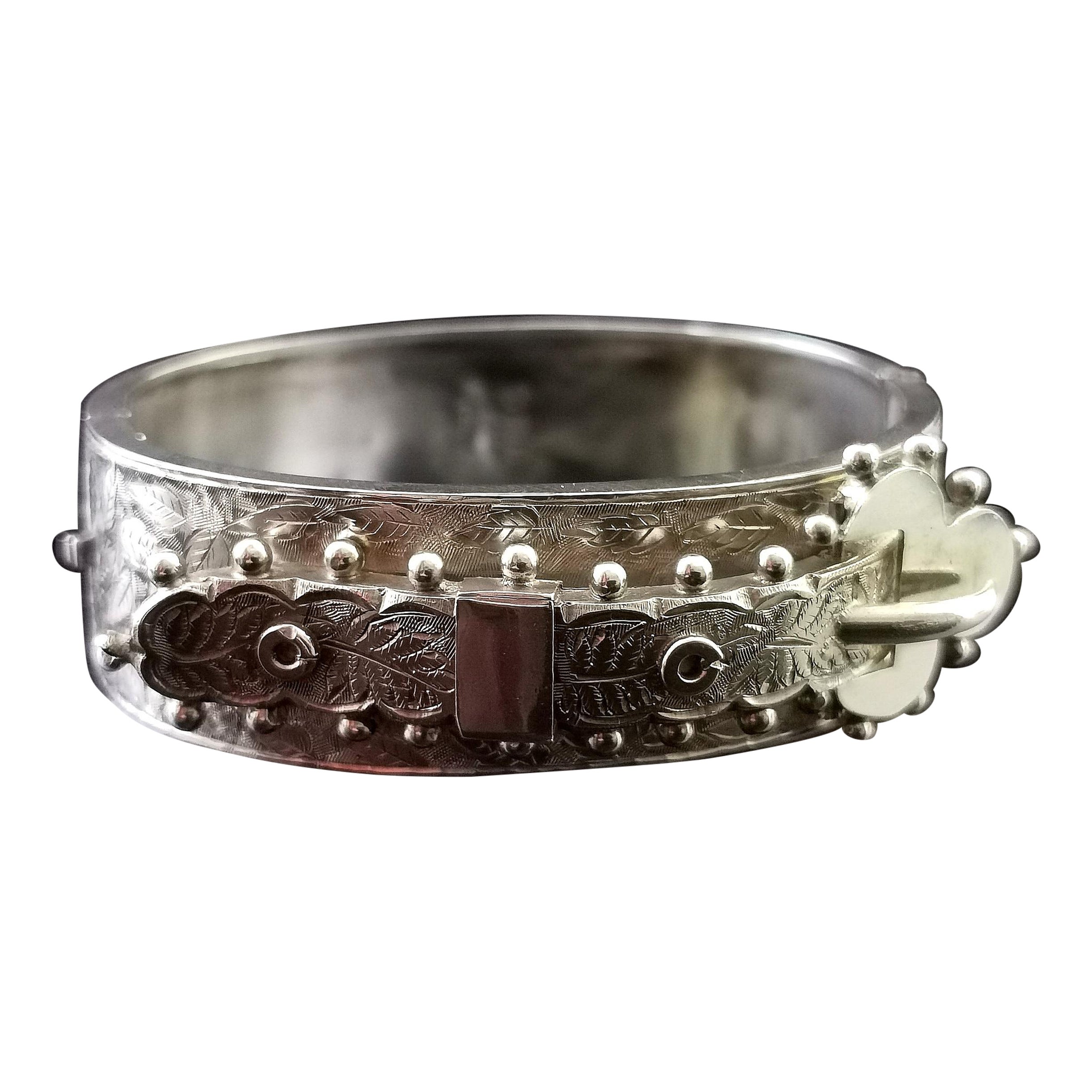 Antique Victorian Silver Buckle Bangle, Aesthetic Engraved