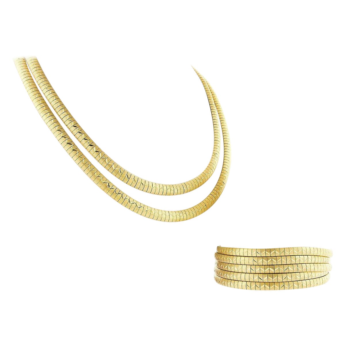18k Gold Fancy Omega Matte Multi Strap Wide Bracelet & Matching Necklace Set For Sale