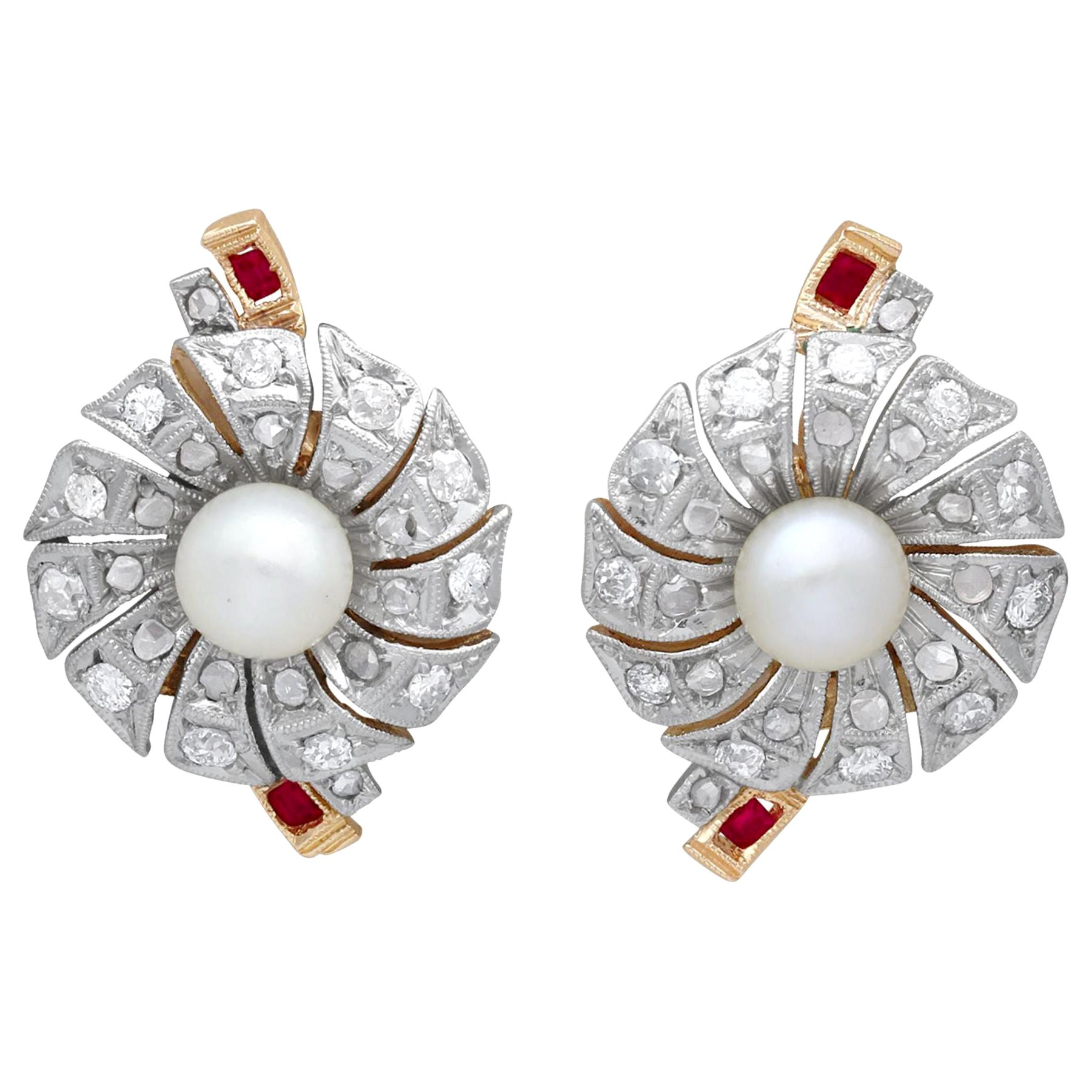 Cultured Pearl, 1.36ct Diamond and Yellow Gold Stud Earrings, Circa 1940