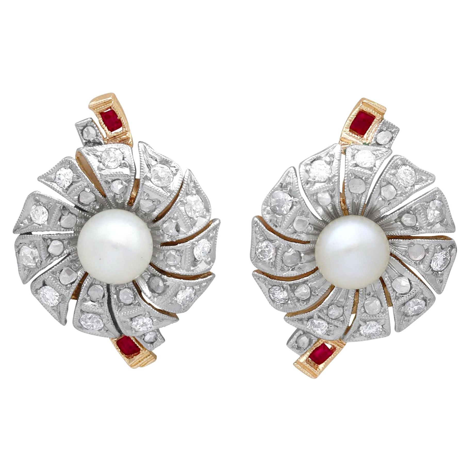 Cultured Pearl, 1.36ct Diamond and Yellow Gold Stud Earrings, Circa 1940