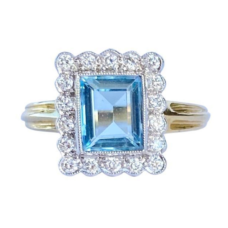 Vintage-Cluster-Ring aus 18 Karat Gold mit Aquamarin und Diamant im Angebot
