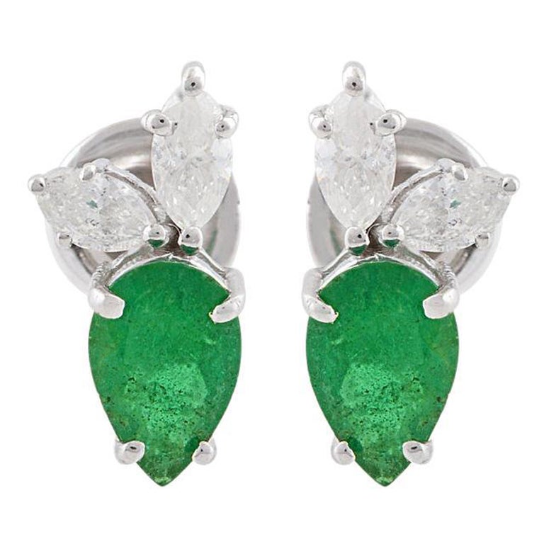Emerald Diamond 10 Karat Gold Stud Earrings For Sale